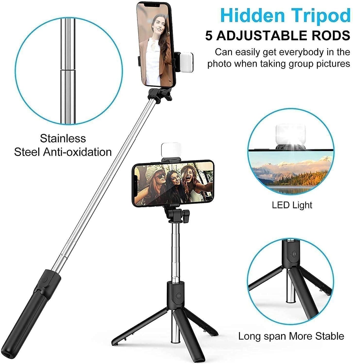 Bluetooth Selfie Stick Tripod – Extendable, 3-in-1 Design