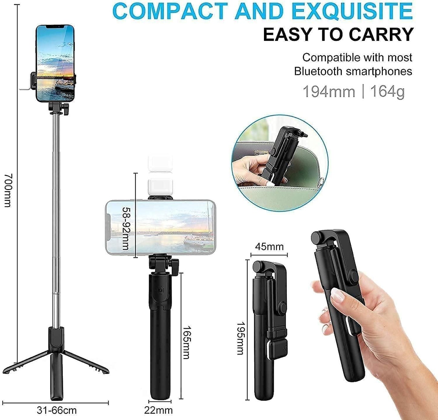 Bluetooth Selfie Stick Tripod – Extendable, 3-in-1 Design